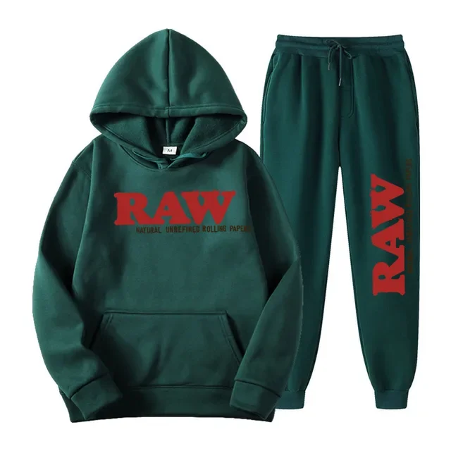 RAW Men\'s Set Hooded Fleece Hoodie Sweatpants Running Men\'s Two Pieces Set Autumn Winter Casual Woolen Sportswear Comfortable