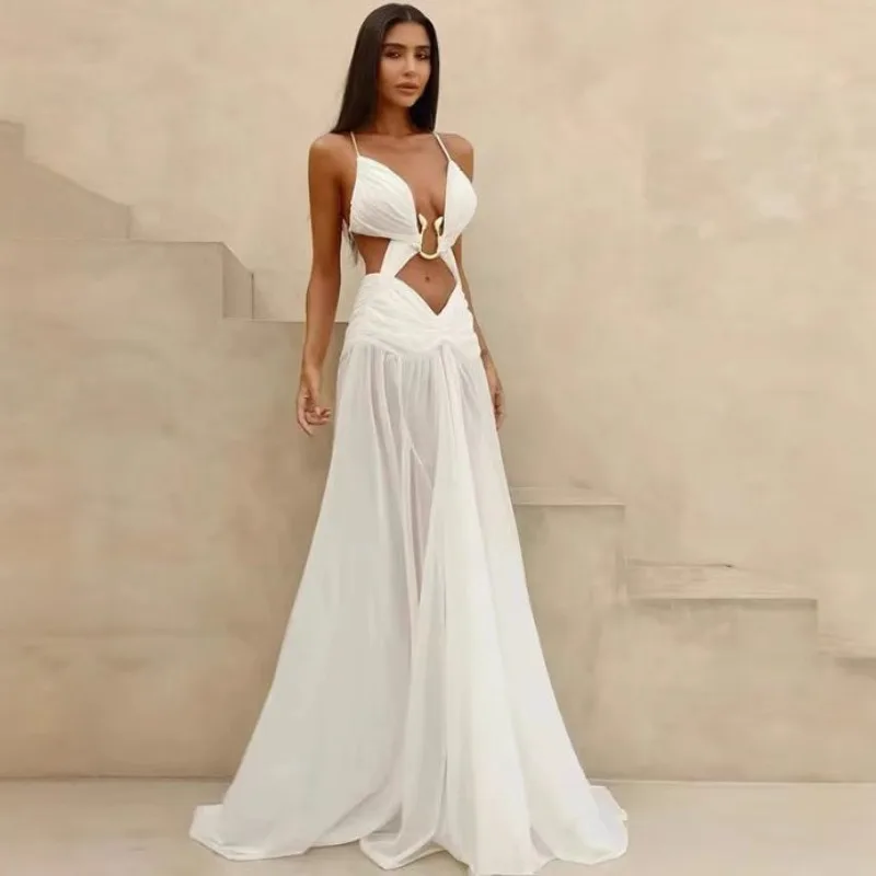 

2025 Sexy Hollow Out Party Dress Sleeveless Backless Mesh Maxi Female Evening Dresses Spring Summer Club Beach Slip Lady Robe