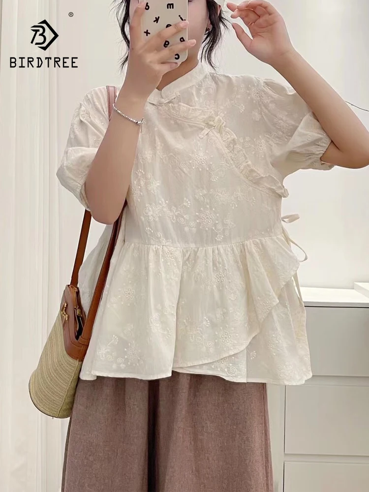 

New 2026 Summer Women Cotton Short Sleeve Shirt, Stand Embroidery Buttons, Mori Girl Fashion Design Sweet Loose Blouse T65721CC
