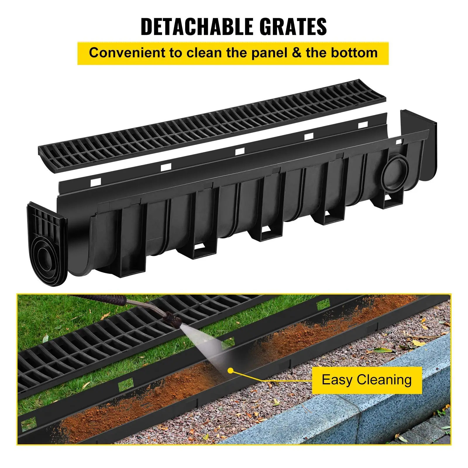Trench Drain System, Channel with Plastic Grate, 5.9x7.5-Inch HDPE Drainage, Black Garage Floor, 4x39, 4 End Caps, for Garden