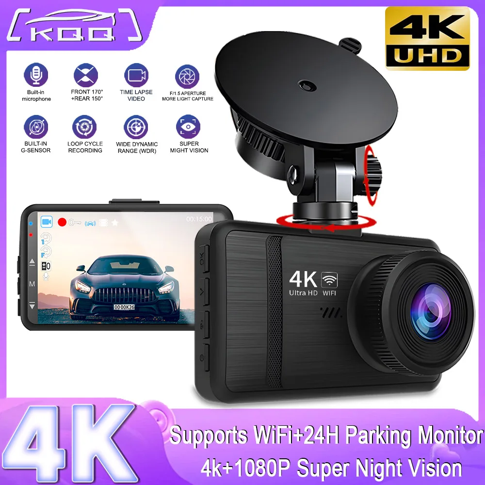 4K Auto DashCam Car DVR built-in Wifi Night Vison Front and Rear Dual Lens Loop Recording G-sensor Fuction for Cars Dash Camera