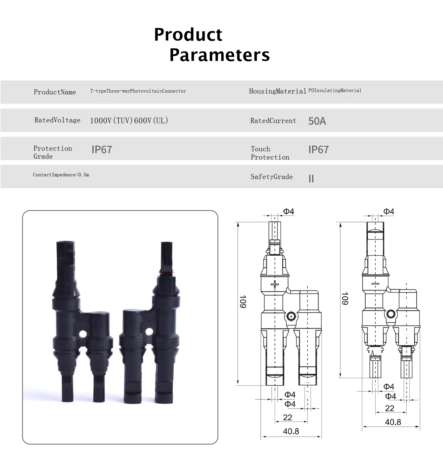 Photovoltaic connector T-type 3-way, solar panel module 2-to-1 conversion, parallel and series connection connector