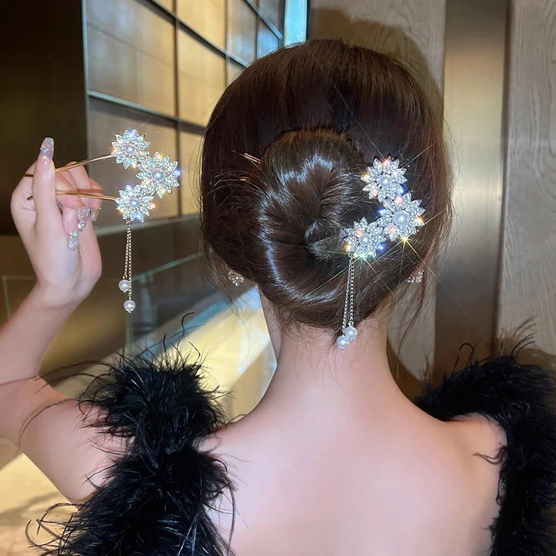 FANYIN Pearl Flowers Tassel Hairpin for Women Latest Meatball Head Plate Hair Artifact Metal Hair Clip