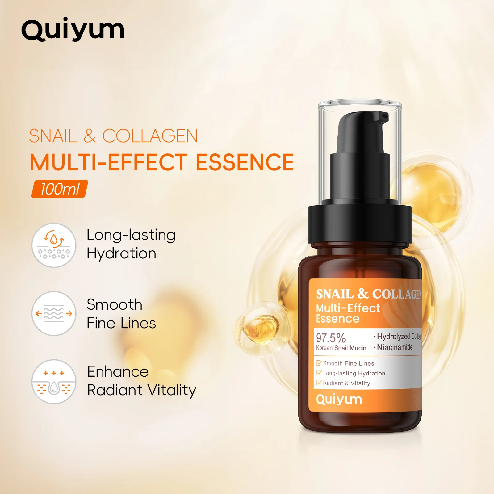 

QUIYUM Snail Collagen Multi-Effect Essence100ml, 97.5% Snail Mucin Hydrating Essence with Niacinamide, Brightening Skin Care