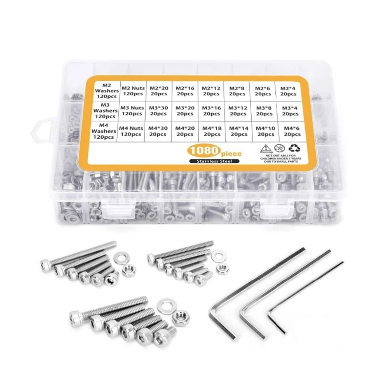 

1080pcs SteelHex Socket Head Caps Screws Nut & Washers Assortment set Hexagon Socket Button Head Bolts Nut Set with Box