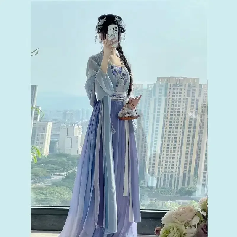 ชุดฮั่นฝูของจีนสำหรับผู้หญิงชุดฮาโลวีนโบราณชุดฮั่นฝูสีฟ้าชุดคอสเพลย์ผู้หญิงชุดชุดงานวันเกิดราชวงศ์ฮั่นฝู