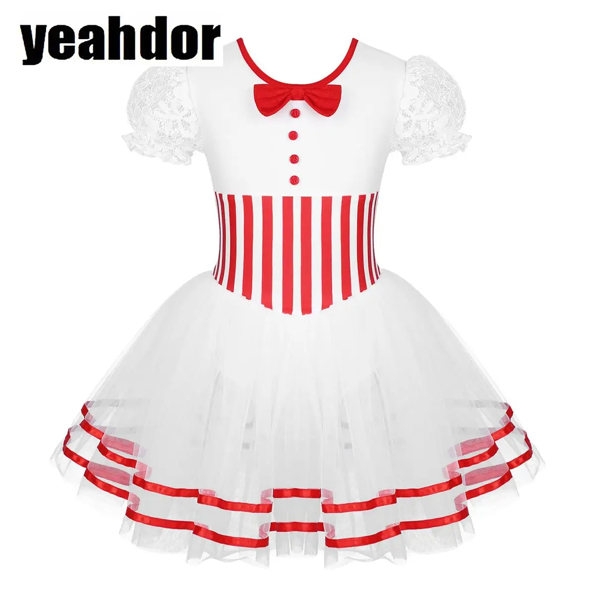 Vestido tutú de baile de Ballet de Navidad para niñas, mangas abullonadas de encaje, estampado de rayas, lazo, malla, caramelo, vestido de leotardo, Ropa de baile para patinaje artístico