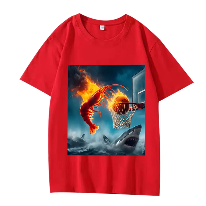 Shrimp Dunking on Shark Graphic tee Retro Fishing Meme T Shirt men women Oversized  Cotton short sleeve Summer Unisex tops