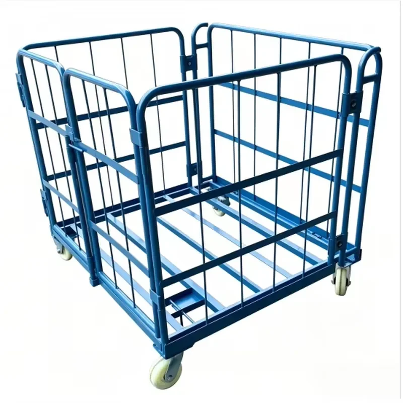 Three Sided Blue Roller Shutter Container Cart Foldable Warehouse Trolley for Retail Distribution Laundry Bedding