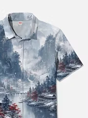 Men's Shirt Chinese Ink Winter Landscape Print Short Sleeve Turn Down Collar Loose Summer Vacation Casual Tops Mens Clothing