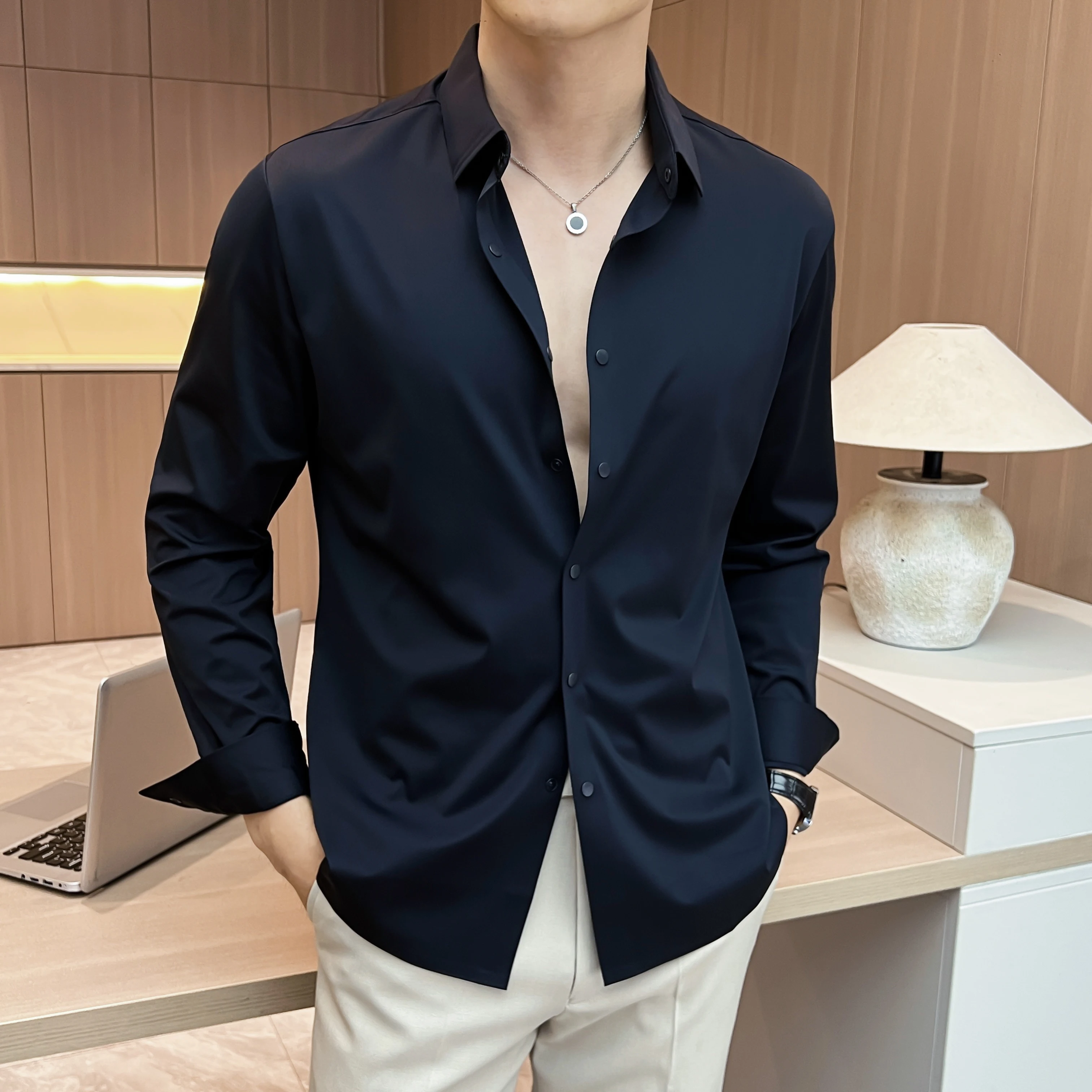 

Осенняя элегантная бесшовная однотонная деловая повседневная рубашка с длинными рукавами 202, M-4XL, однотонная рубашка с длинными рукавами