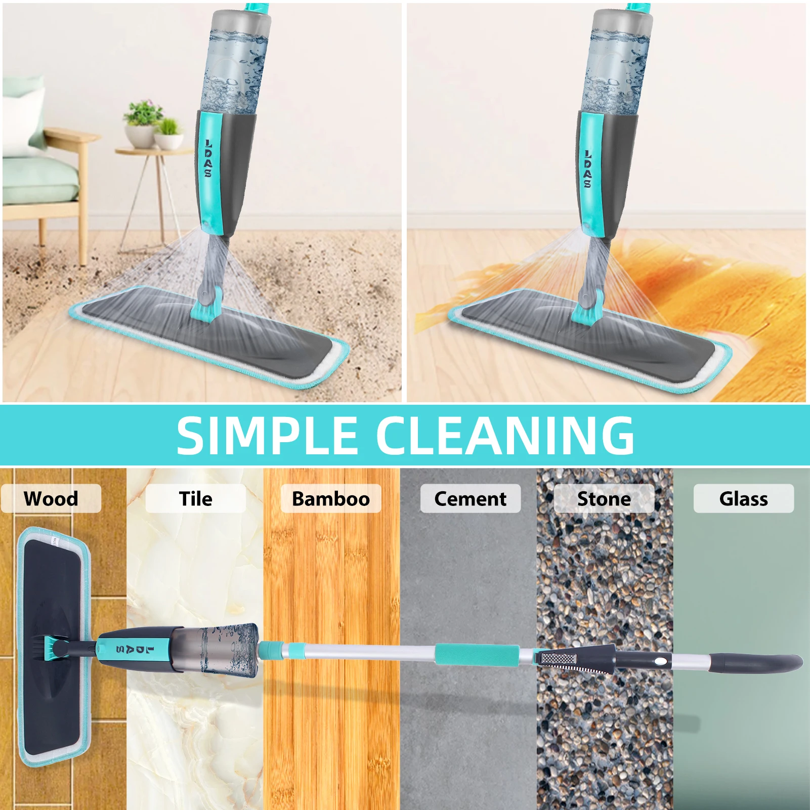 DARIS Spray Mop for Floor and Window Cleaning, 500ml Bottle, 2+2 Microfiber Mop Pads, Scraper, Mop Clip, Wet and Dry Use