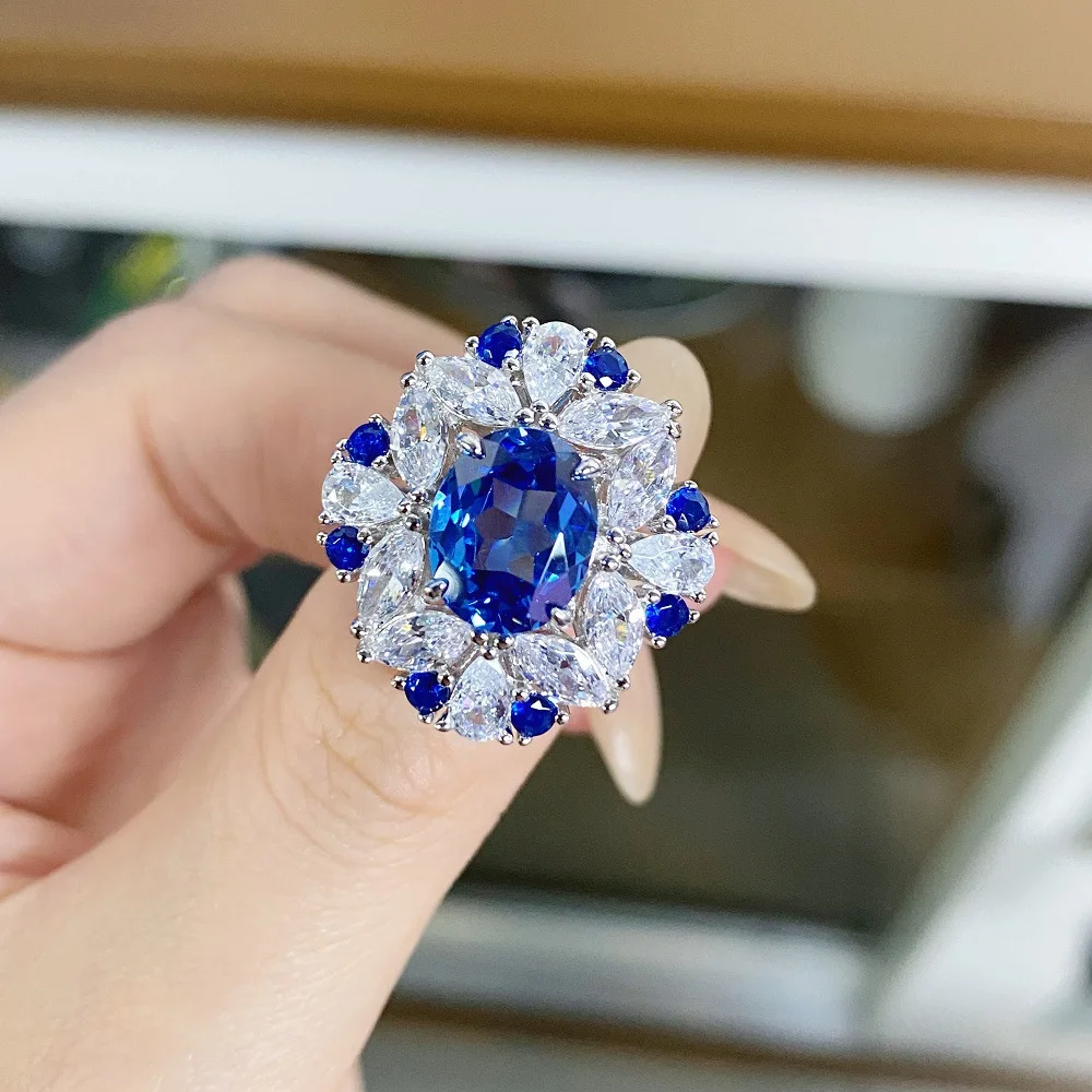 

S925 Sterling Silver Ring Female Sapphire Aquamarine Diamond Ring Full of Diamonds Tiktok Live Broadcast
