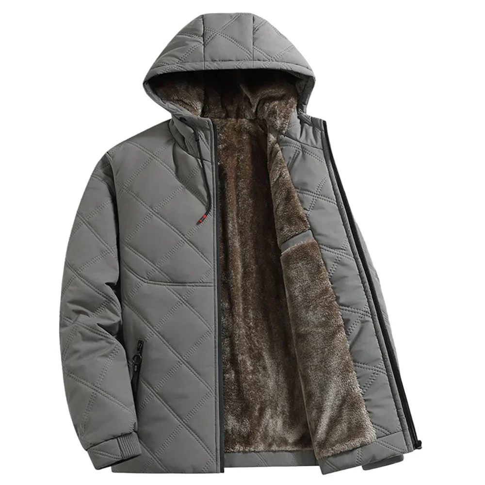 Winter Windproof Hooded Parkas Men Thermal Diamond-Pattern Fleece-Lined Jacket Men's Thicken Coat Business Casual Puffer Jackets