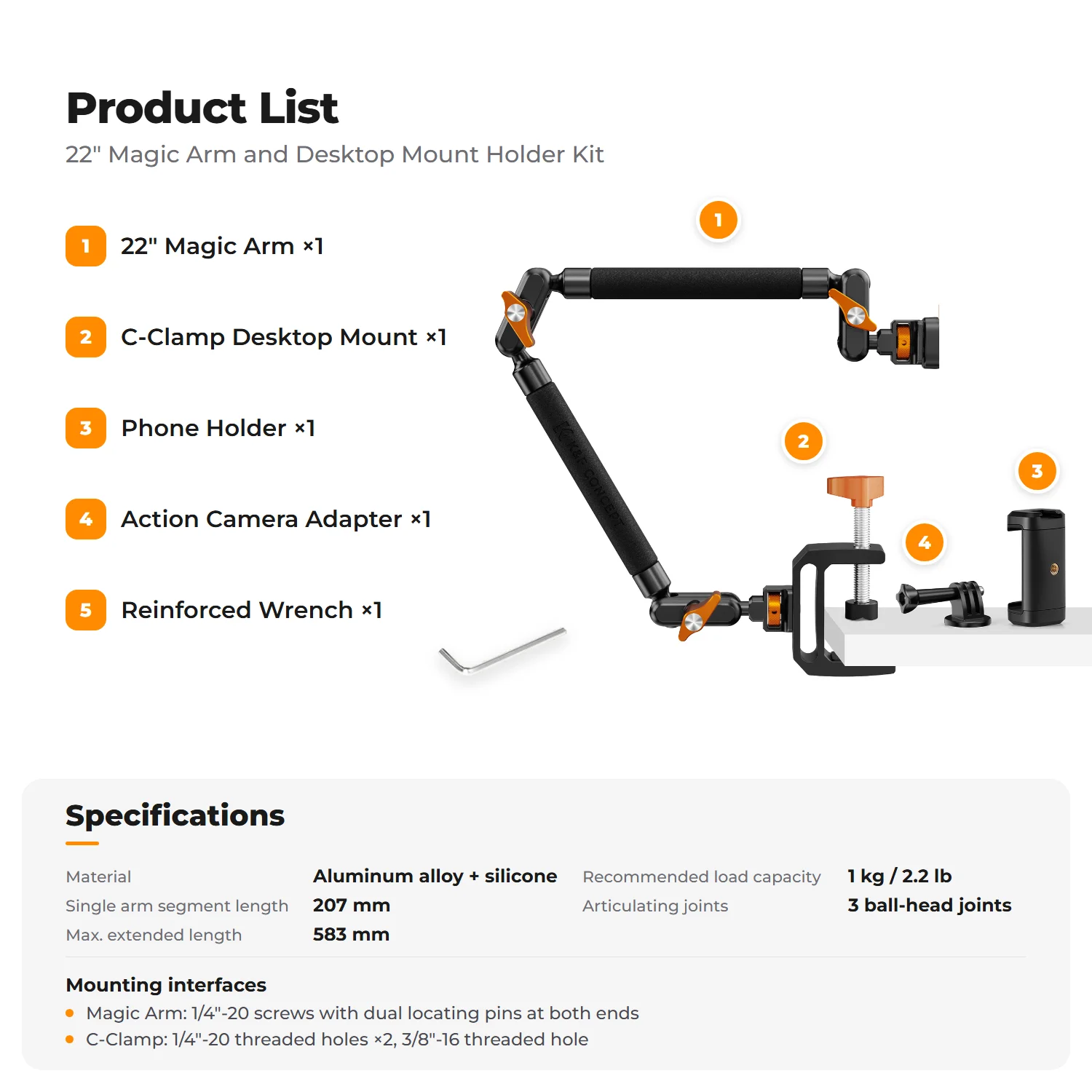 K&F CONCEPT Magic Arm Klemset 22" Bovenste Bureau Camera Bevestiging Lange Gearticuleerde Wrijvingsarm voor LED-lamp Actiecamera