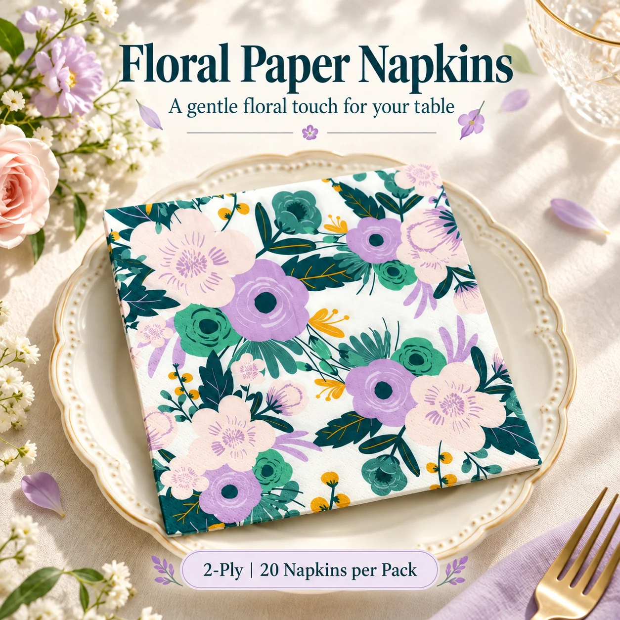 20pcs Floral Paper Napkins 2 Ply Lavender Pink Flower Serviettes 33x33cm for Wedding Tea Party Table Decorations