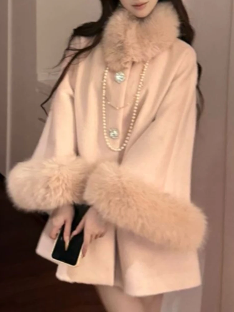 

Зимнее французское элегантное шерстяное теплое пальто для женщин, новый дизайн, меховой воротник, винтажная шикарная мягкая куртка, эстетичная модная одежда с длинными рукавами