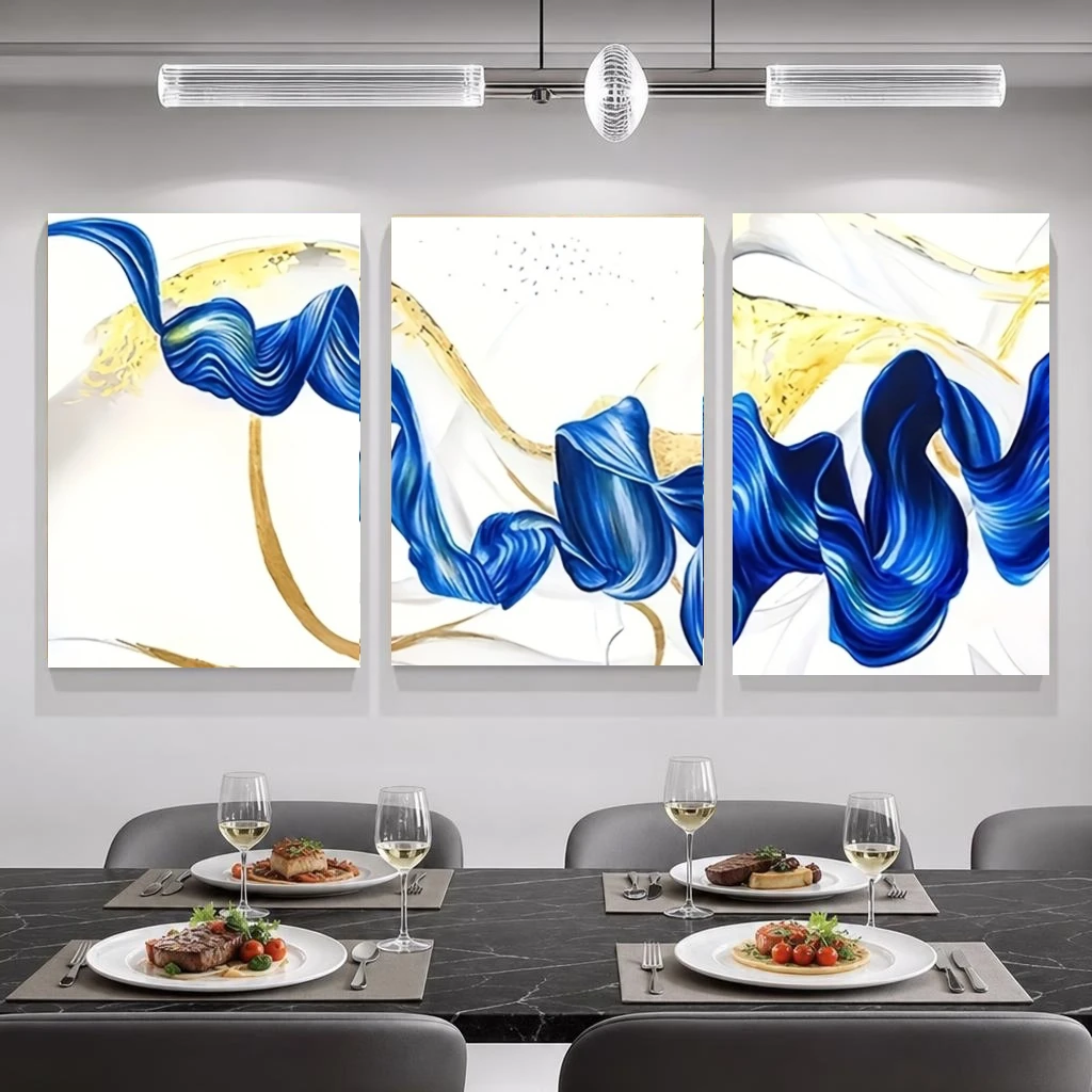 2D Flat, 2D Flat, 3pcs Modern Blue Ribbon Abstract Art Print, Minimalist Wall Art for Living Room Bedroom, Luxury Home Decor,