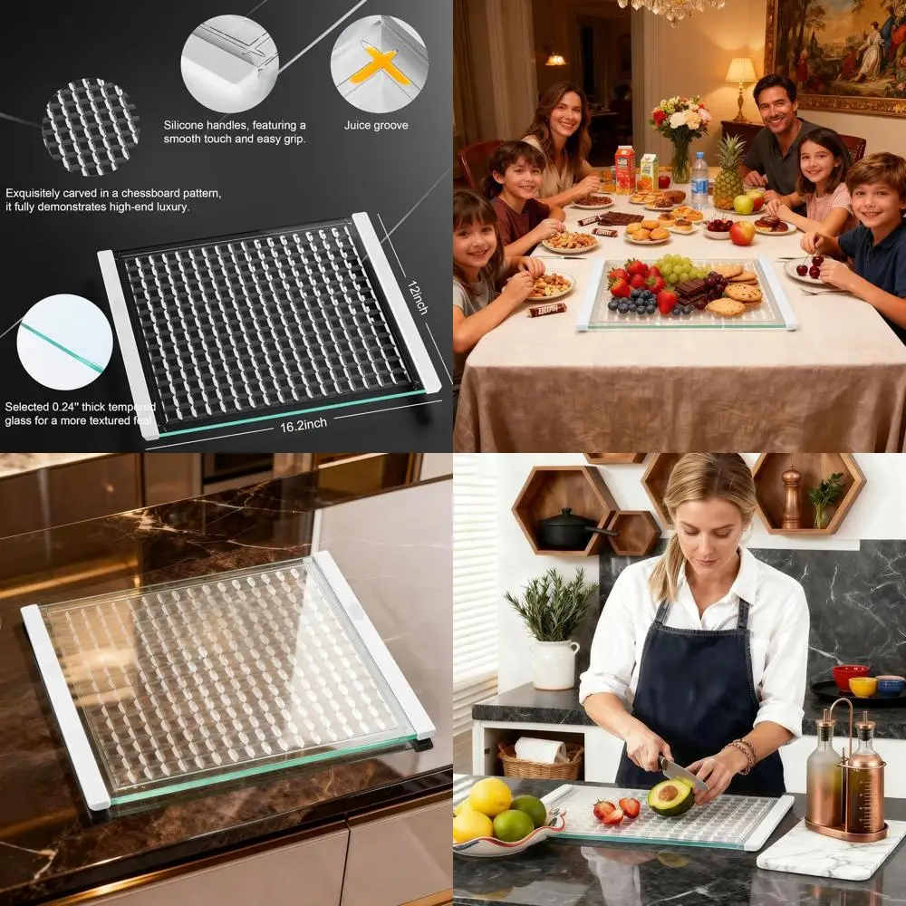 

Modern Tempered Glass Chopping Board with Juice Groove, Non-Slip Design for Kitchen & Parties, Dishwasher Safe & Easy Clean