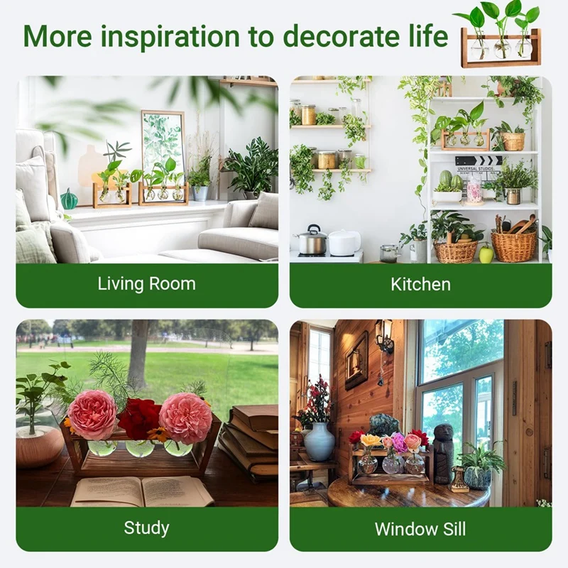 Glass Plant Terrarium 3 Bulbs Propagation Station with Wood Stand Indoor Garden Planter, Hydroponic Vase & Desktop Decor Retail
