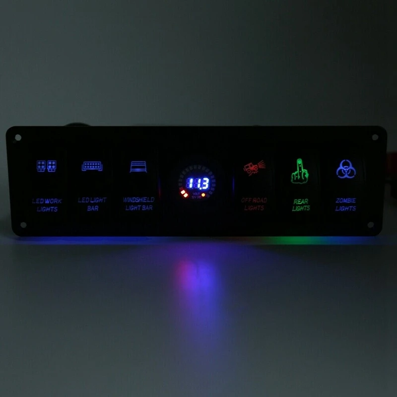 NEW-12V 6 Gang Toggle Rocker Switch Panel Colorful LED Voltmeter For RV Car Marine Boat Switch Panel Led Switch Panel Auto