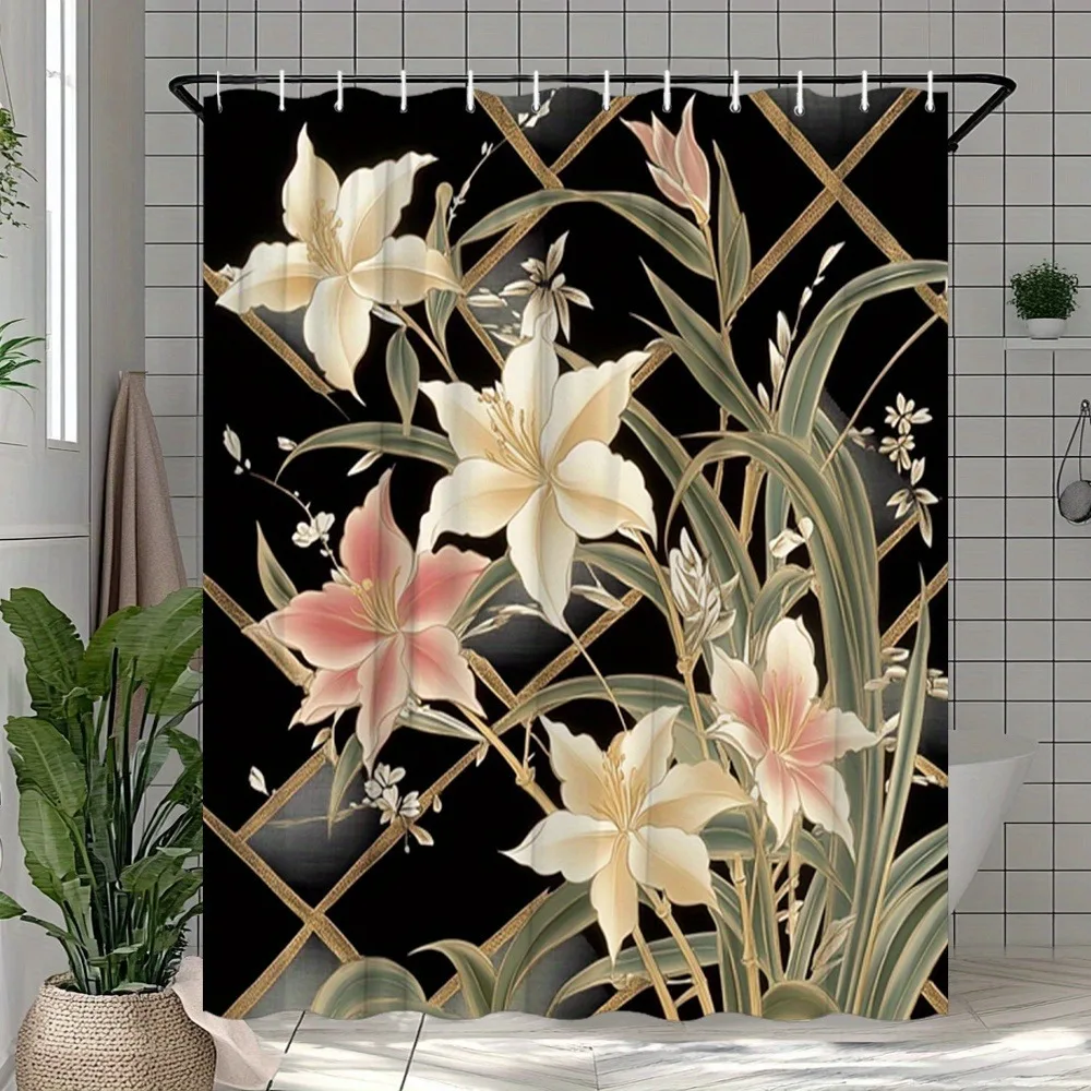 黒の背景に金色のユリのシャワーカーテン、洗える、防汚、防水ポリエステル製バスカーテン