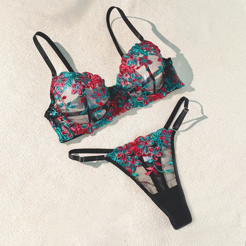 Sexy Floral Embroidery Lingerie Set Black Mesh Transparent Underwear Women's Push Up Bra and Thong Set Three-Point Intimate Suit