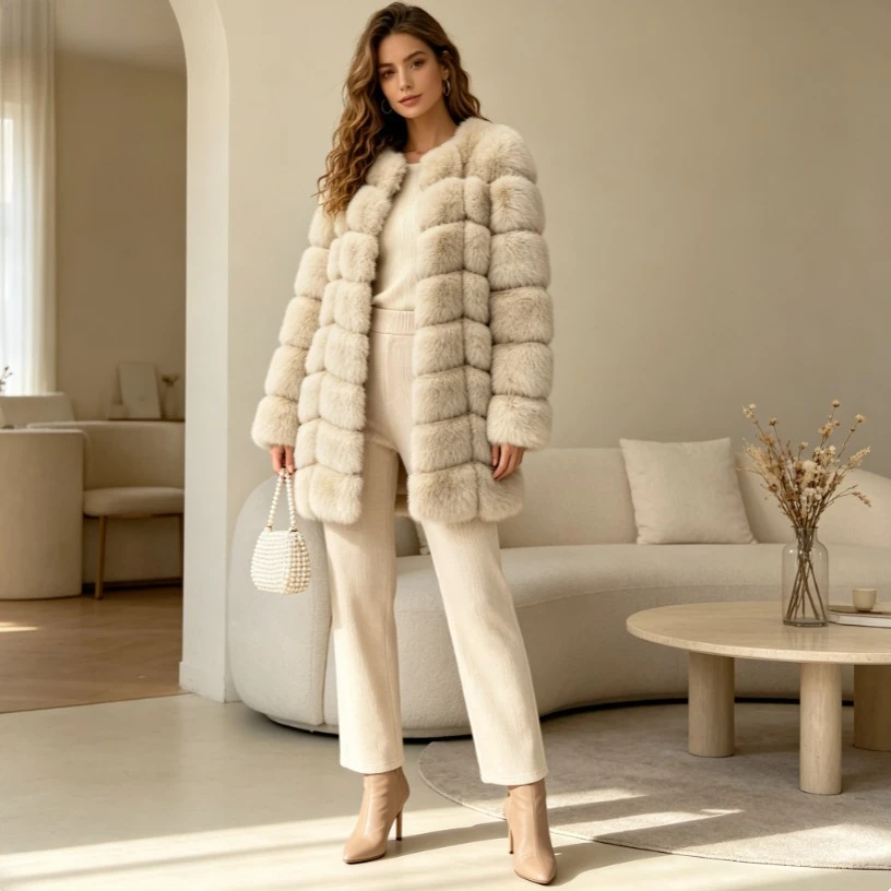 Women Faux Fox Fur Coats Y2k Mid Length Fur Jackets Round Neck Long Sleeve Thick Warm Fur Casual Loose 2026 Autumn Winter