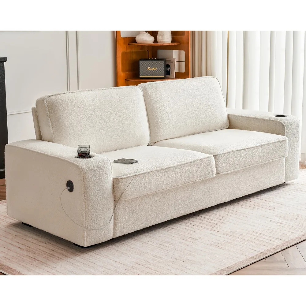 

89 inch Deep Seat Sofa with USB Charging Ports & Dual Cup Holder, Modern Sofa Couch- Offwhite Bouclé Couch for Living Room