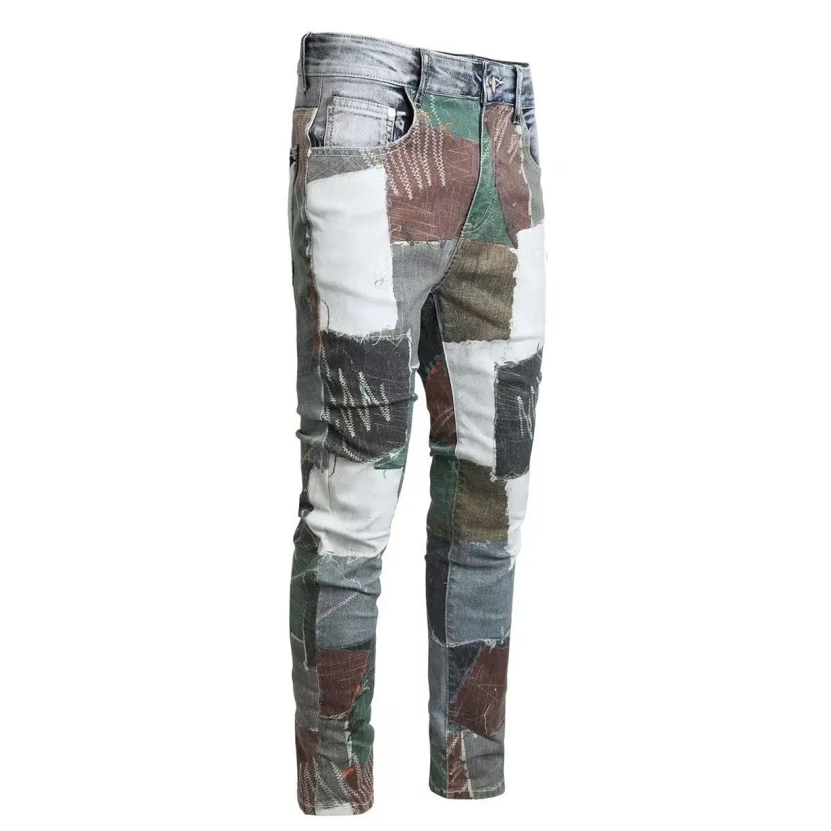 Y2K fashion new men's jeans stretch 3D printed slim fit washed nostalgic light blue jeans high street hip-hop brand splicing pan