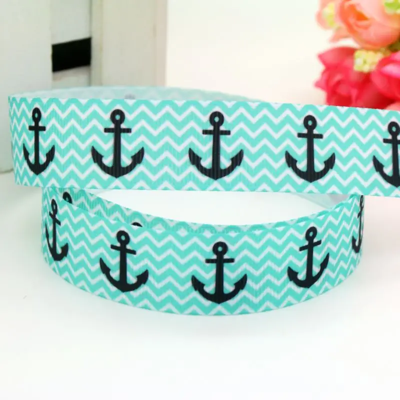 DHK 50yards Anchor Boat Sea Printed Grosgrain Ribbon Accessories Decoration Headwear Collar DIY Sewing Craft S2552