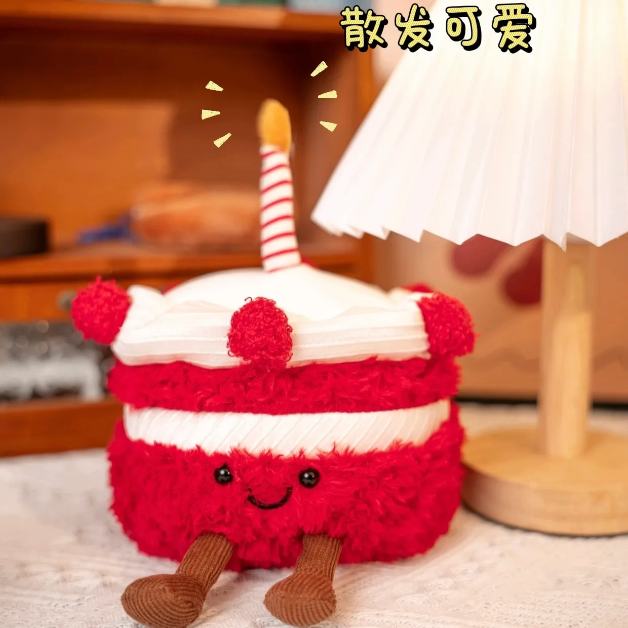 Lifelike Red Cake Plush Toys Cute Stuffed Fruit Ice Cream Snack Plush Birthday Cake Candle Party Decor Gift for Kids Baby