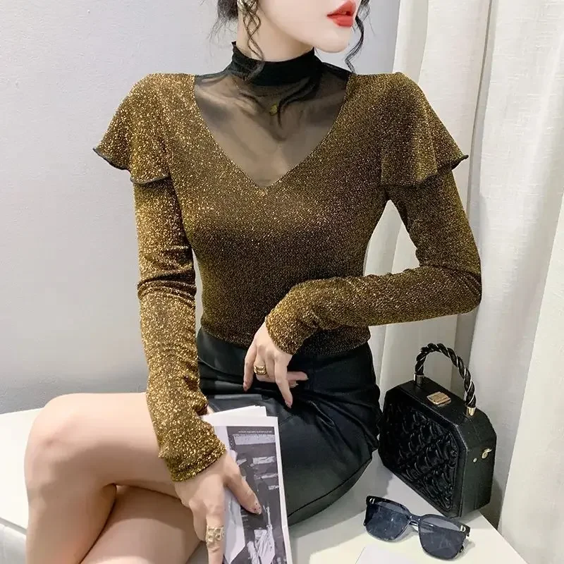 Glitter Sequin Women\'s Long Sleeve T-shirt Plain Slim Rhinestone Top Female Coquette Clothes Sexy Gold High Quality 90s Classic