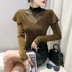 Glitter Sequin Women's Long Sleeve T-shirt Plain Slim Rhinestone Top Female Coquette Clothes Sexy Gold High Quality 90s Classic