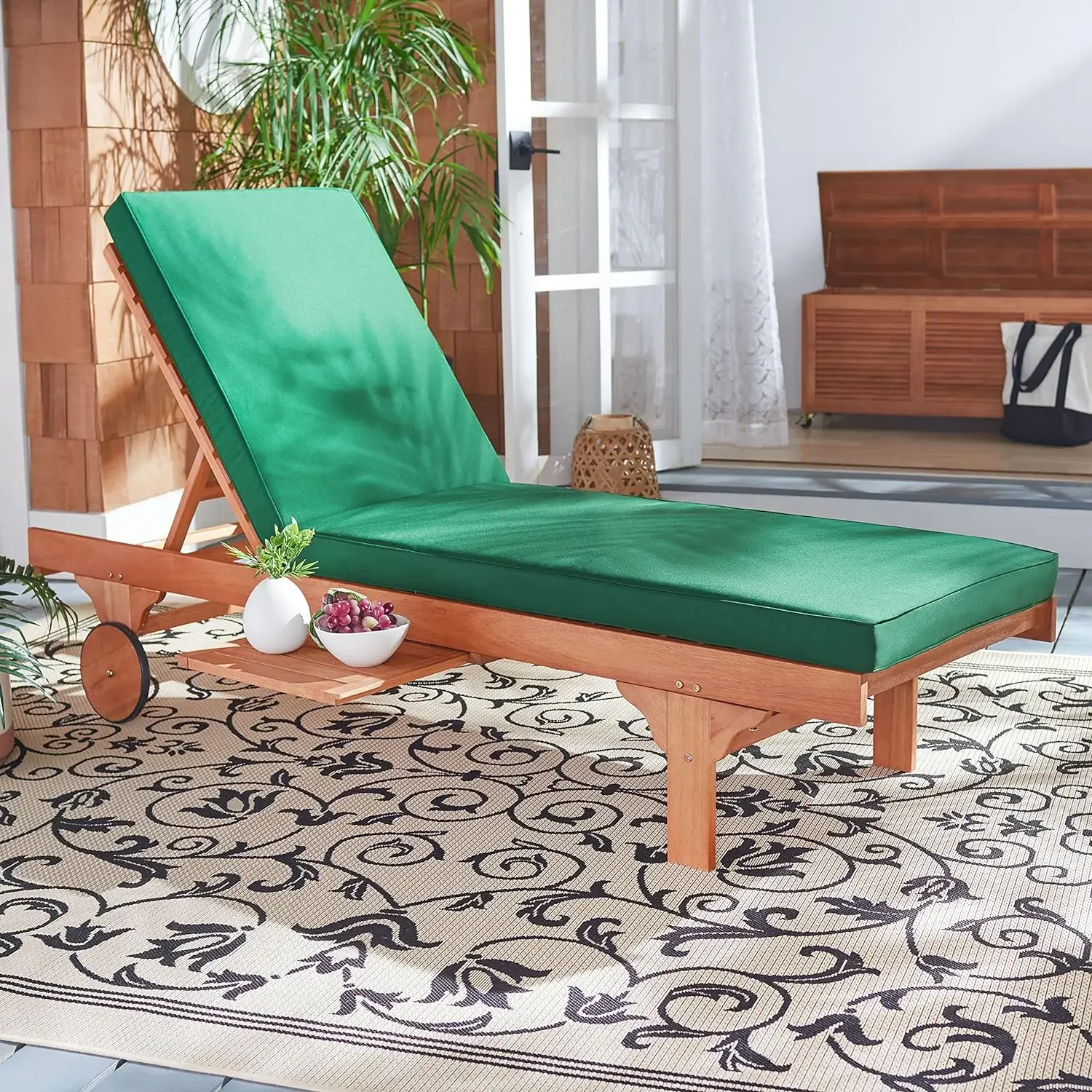 SAFAVIEH Outdoor Collection Newport Natural/ Green Cushion Built-in Side Table Adjustable Chaise Lounge Chair