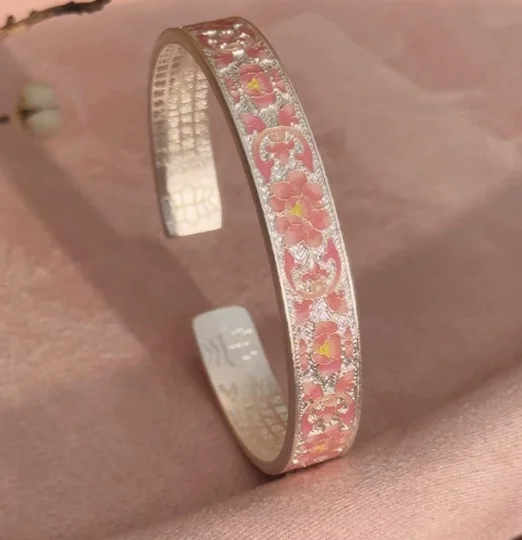 

999 pure silver bangles for women pink peony opening bangles 36grams big bangle 10mm