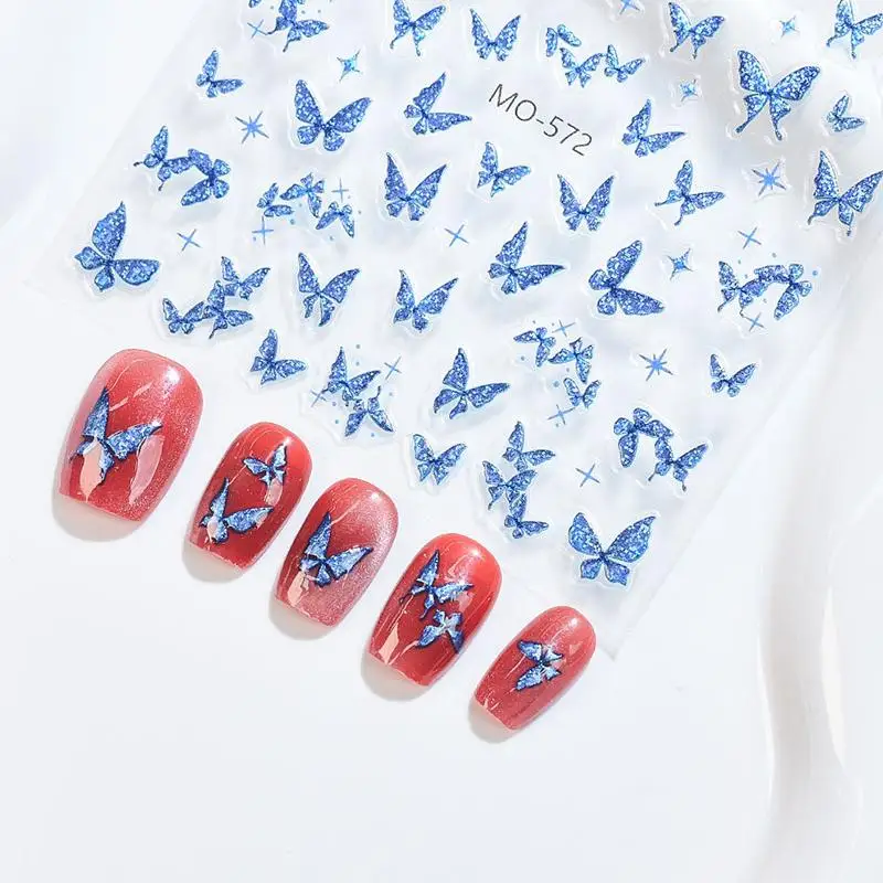 네일 스티커 블루 퍼플 나비 네일 아트 스티커 빈티지 자기 접착 스티커 네일 장식 슬라이더 데칼 매니큐어