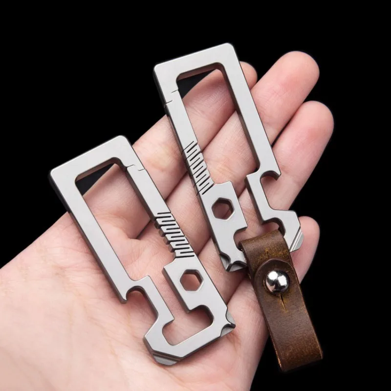 Titanium Alloy Leather Car Keychain Portable Outdoor EDC Buckle Equipment Multitool Crowbar Bottle Opener Key Holder