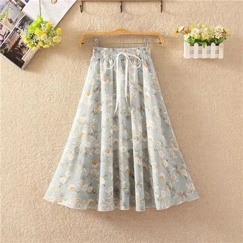 

Woman Elastic Waist Midium Length 2025 Printed Chiffon Loose Skirt Summer Skirts A-line Women's Floral Skirt High Waist Long