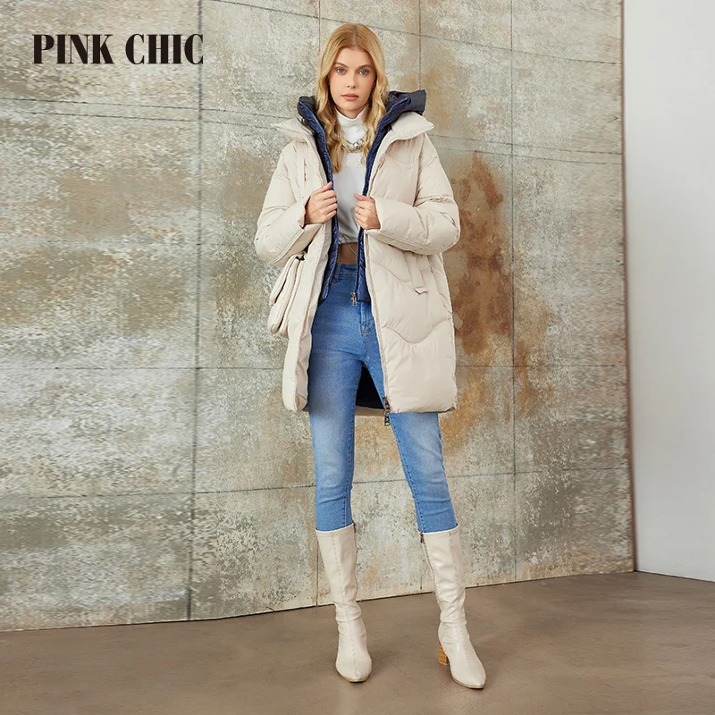 PINK CHIC 2023 New Winter Coat Women Down Jackets High Quality Fake Two-garment Hooded Long version Parka Female W8235