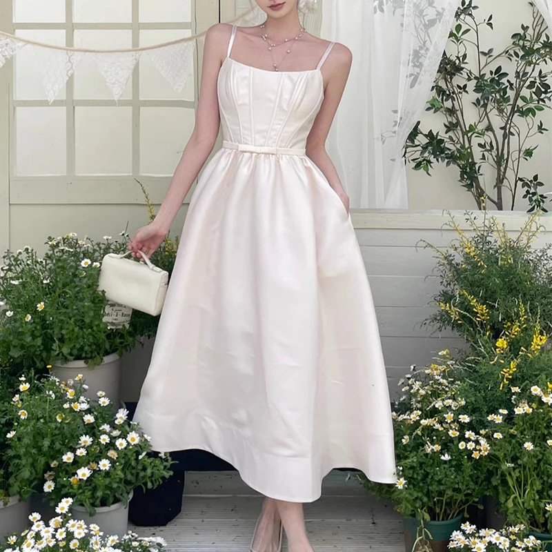 

High Quality Solid Strap Dresses Spring Women Sleeveless Zipper Chest Wrap Dress New Summer High Waist Big Swing Camisole Dress