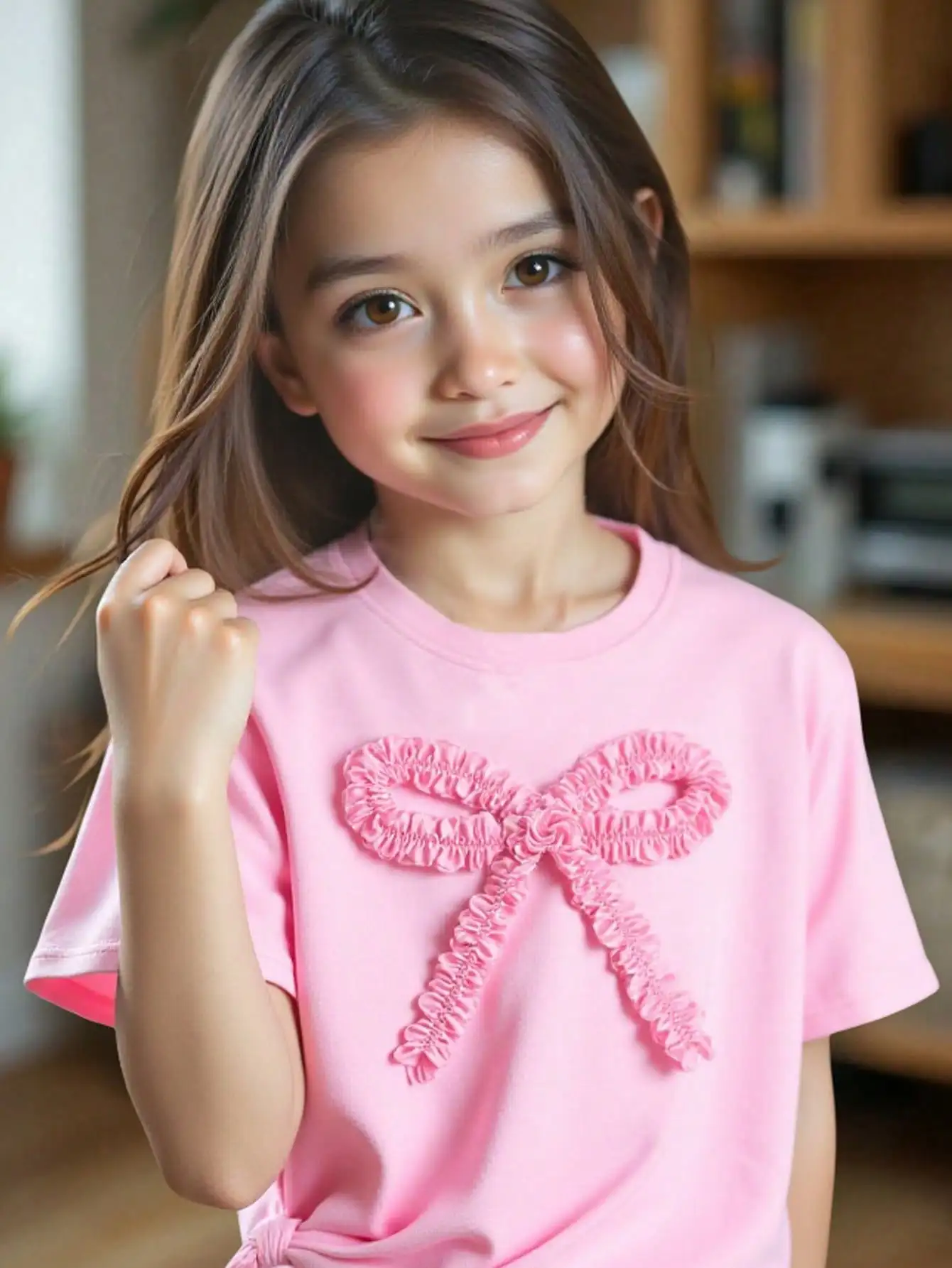 

Pink Girls Short Sleeve T-Shirt with Ruffled Bow Applique, Round Neck Casual Top