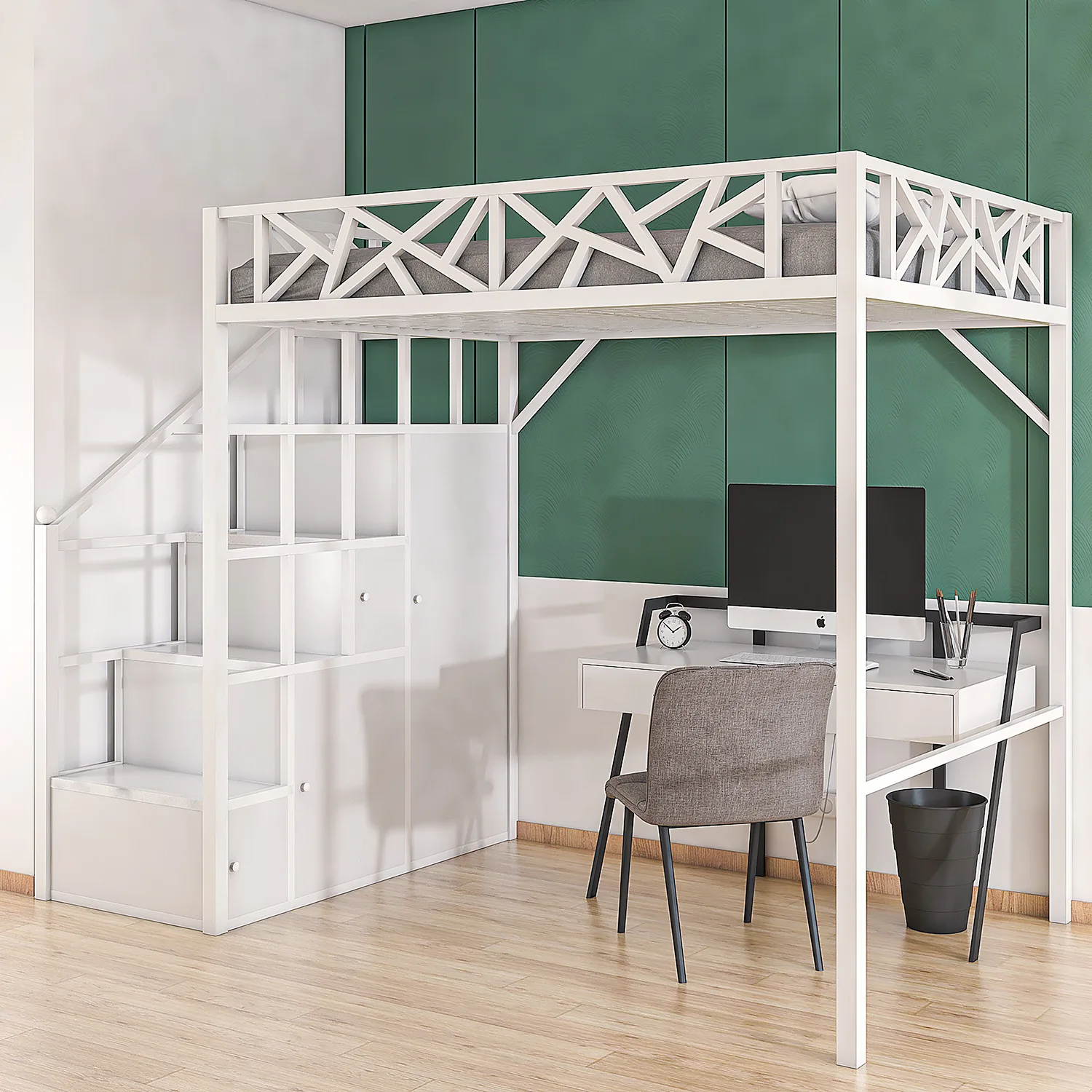 

Home Bedroom Iron Bed with Bookcase Locker Upper and Lower Elevated Bed Attic Closet Staircase Iron Bed