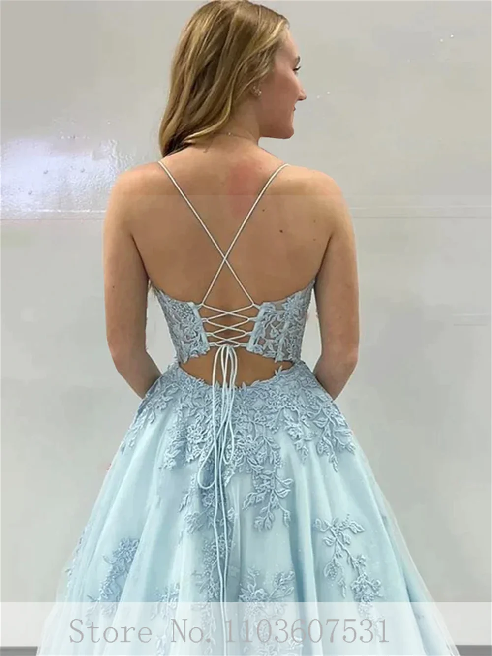 Vestido Formal de tul de encaje con tirantes finos para mujer, traje de corte acampanado con cordones para fiesta de graduación y boda