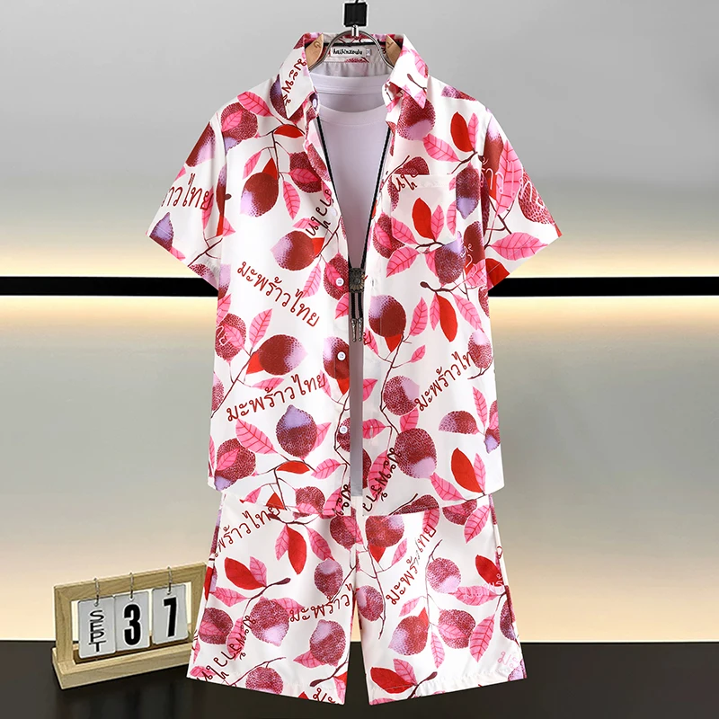

High-quality large-size floral shirt set for men, beachwear for teenagers, two-piece set including short-sleeved shorts and shor