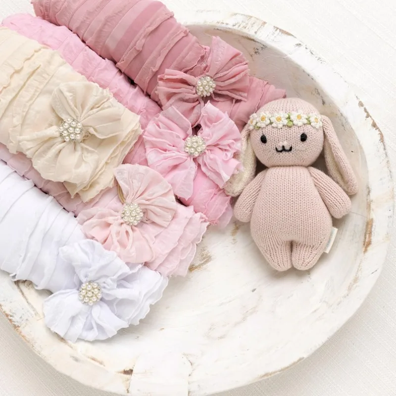 مجموعة دعامات صور لحديثي الولادة - قماط وعصابة رأس متماسكة قابلة للتمدد، لفافة مكشكشة قابلة للتنفس مع فيونكة، تصوير لحديثي الولادة، نيويوبونز #4