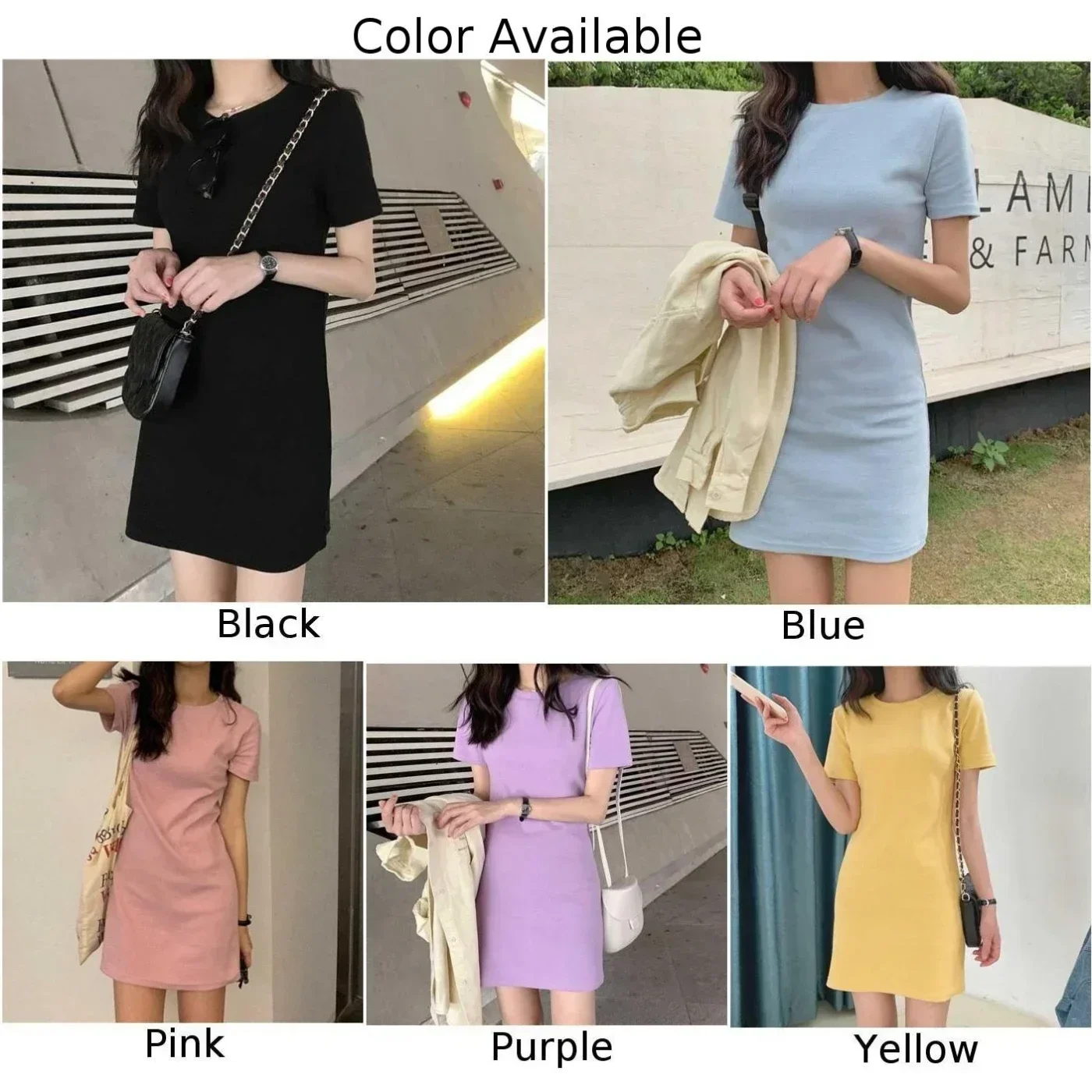 여성 여름 긴 짧은 소매 티셔츠 드레스 한국어 스타일 숙녀 캔디 컬러 드레스 패션 편안한