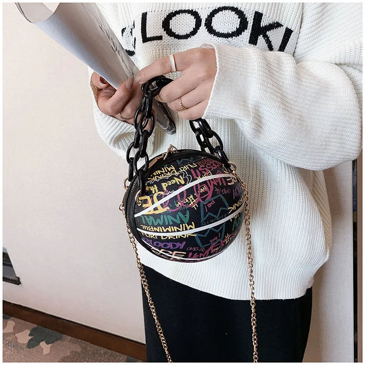 Graffiti Round Ball Bag For Girl  PU Leather Crossbody Acrylic Chain Handbags and Purses Female Basketball Bag