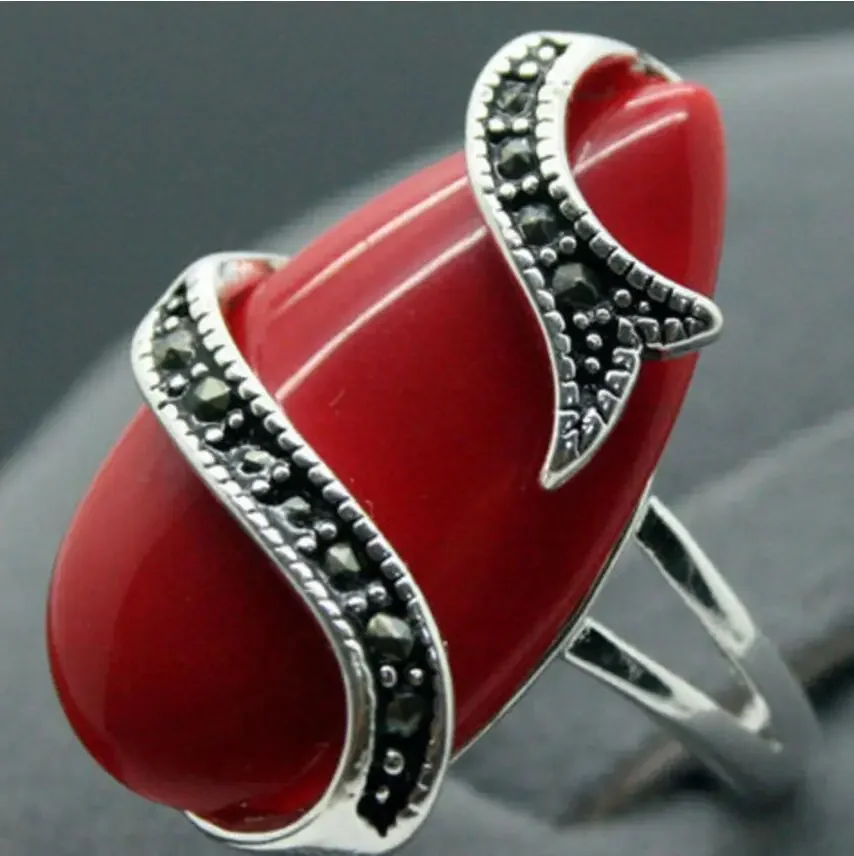 wholesale Unique 10X20mm Red Carved Lacquer Marcasite 925 Sterling Silver Lady Ring 7-10