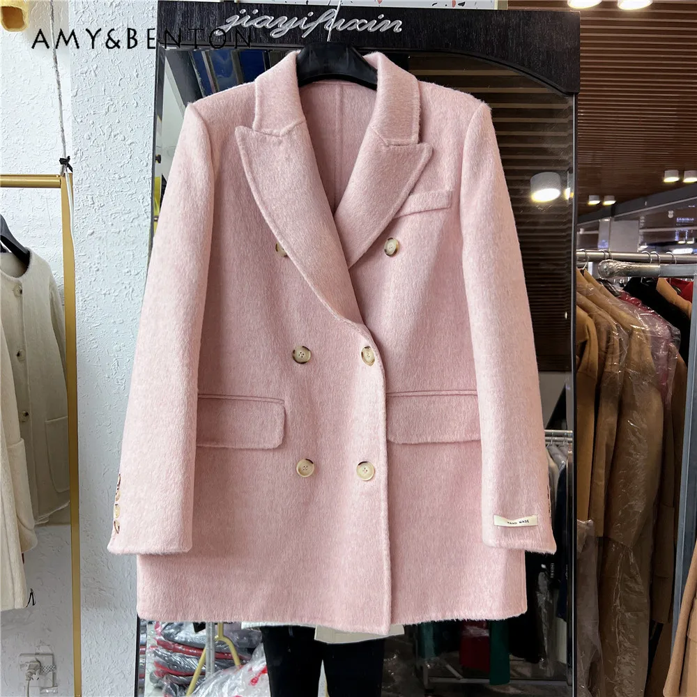 Commute Style Reversible Cashmere Coats Women Korean Fashion Double-Breasted Cross Collar Wool Coat All-Match Slim Winter Coat